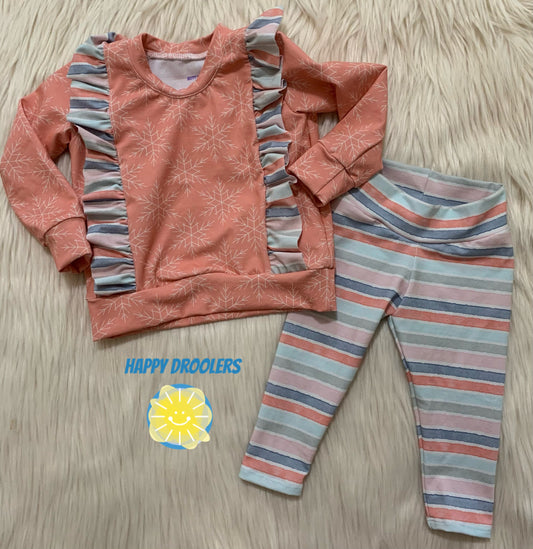 Snowflakes Ruffled Top & Pastel Stripe Leggings