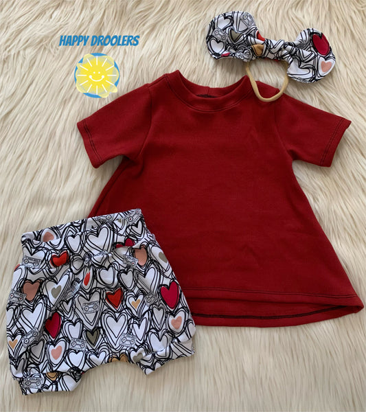 Red Flaired tunic with Hearts Bubble Shorts and Floppy Bow Sz 12m