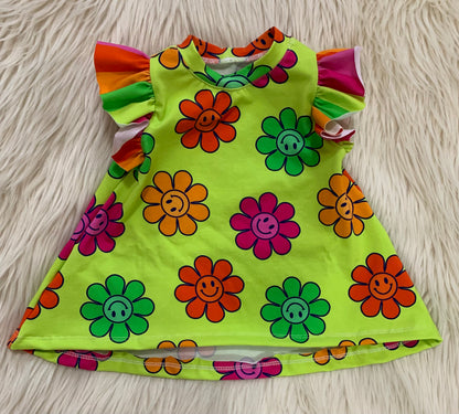 Neon Retro Flowers Ruffled Sleeves Top Sz 12/18m