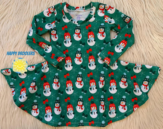 Green Snowmen Twirl Dress