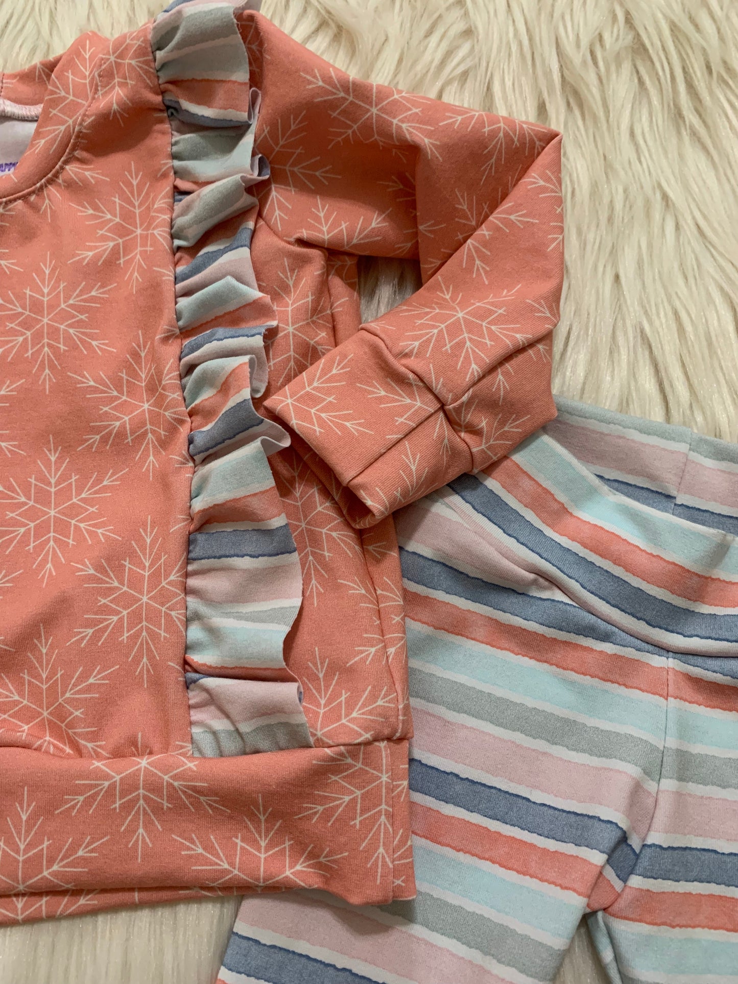 Snowflakes Ruffled Top & Pastel Stripe Leggings